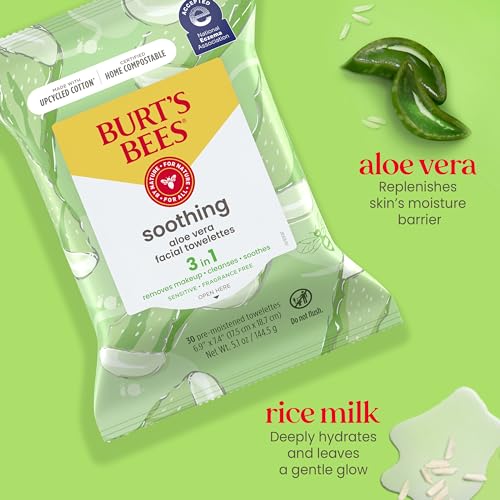 Burt's Bees Stocking Stuffers, Aloe Vera Face Wipes, for Sensitive Skin, Soothing Makeup Remover & Facial Cleansing Towelettes Christmas Gifts, 30 Ct. (3-Pack)
