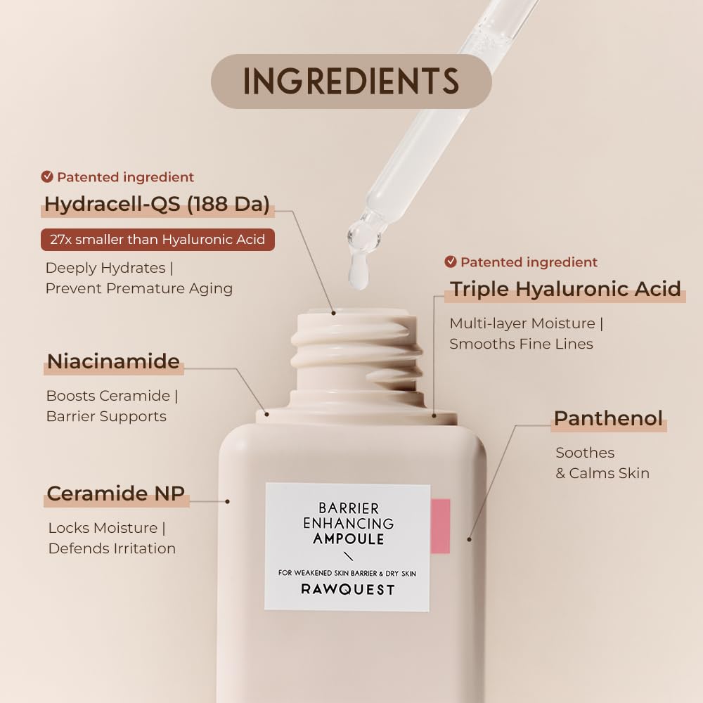 Barrier Enhancing Ampoule 50ml with Hydracell-QS, Triple Hyaluronic Acid, Panthenol & Ceramide – 100 Hours Deep Moisture, Strengthens Skin Barrier, Anti-Aging, Firming Treatment, Reduce Redness