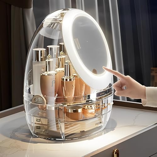 Sooyee Clear Makeup Organizer,Bathroom Counter Organizer, Modern Jewelry and Cosmetic Display Cases with Led Lighted Mirror,Make Up Organizer Stands for Bathroom, Dresser, Vanity Countertop