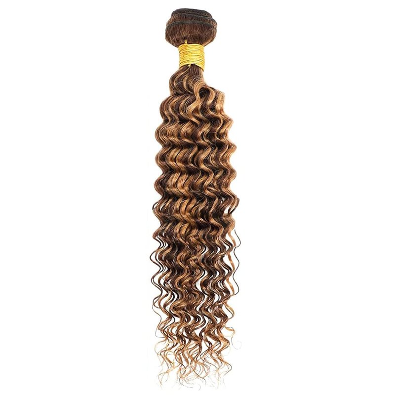 Brown Human Hair Bundles P427 Highlight Honey Blonde Deep Wave 3 Bundles Human Hair 14 16 18 Inch Double Weft Grade 12A Unprocessed Virgin Remy Hair 2 Tone #4 Mixed With Color 27 50g Per Bundle
