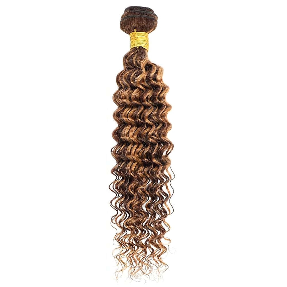 Brown Human Hair Bundles P427 Highlight Honey Blonde Deep Wave 3 Bundles Human Hair 14 16 18 Inch Double Weft Grade 12A Unprocessed Virgin Remy Hair 2 Tone #4 Mixed With Color 27 50g Per Bundle