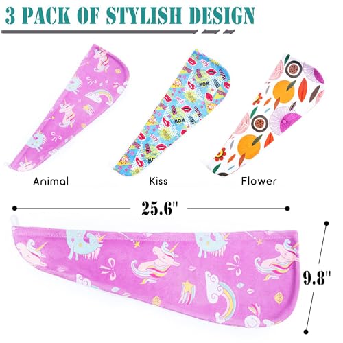 ELLEWIN Microfiber Hair Drying Towels for Kids, 3 Pack Wet Hair Towel Wrap Turban for Girls Children Women, Quick Dry Twisty Hair Towels Wrap for Curly Long Thick Hair Anti Frizz
