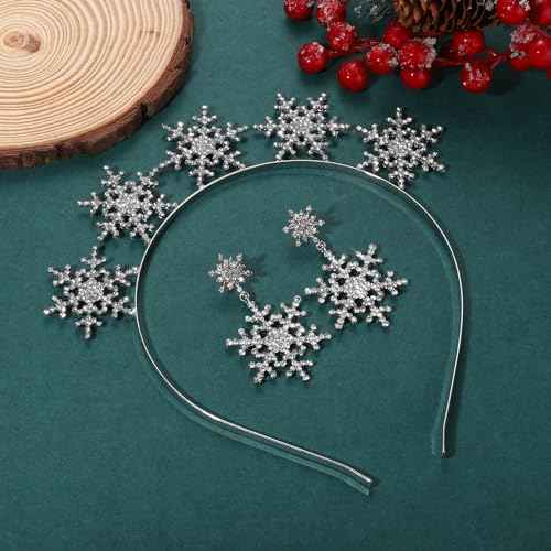 Christmas Snowflake Headband Rhinestone Snowflake Bow Crown Tiara Hairband Headpiece Hair Clip Xmas Party Accessories Gifts (snowflake hairband earrings)