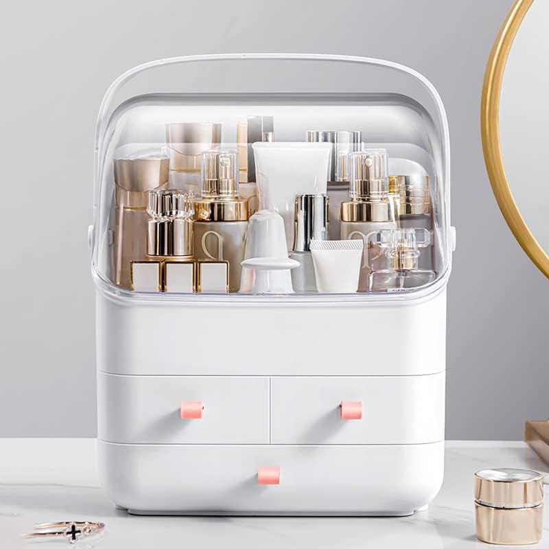 Cosmetic Storage Box - Makeup Organizer with Dust-Free Cover & Portable Handle | Large Display Case with Drawers for Dresser & Bathroom Countertop