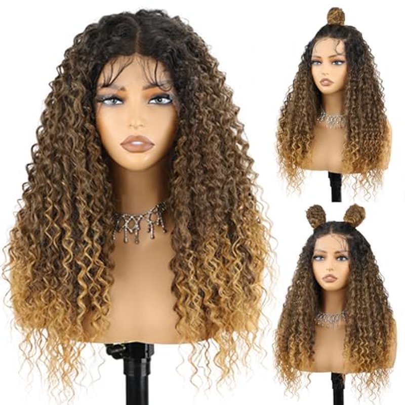 Ombre Blonde 13X4 Lace Front Wig Synthetic Wig with Baby Hair Ombre Brown to Blonde Curly Wig with Natural Preplucked Hairline 24 Inch Long Wigs for Women Daily Party Use
