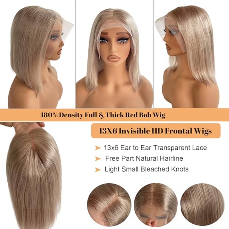 Munx Ash Blonde Bob Lace Front Wig Human Hair Pre Plucked Hairline 180% Density Short Bob HD Human Hair Wigs for Women 13x6 Deep Part Lace Front Wig Bleached Knots 8in