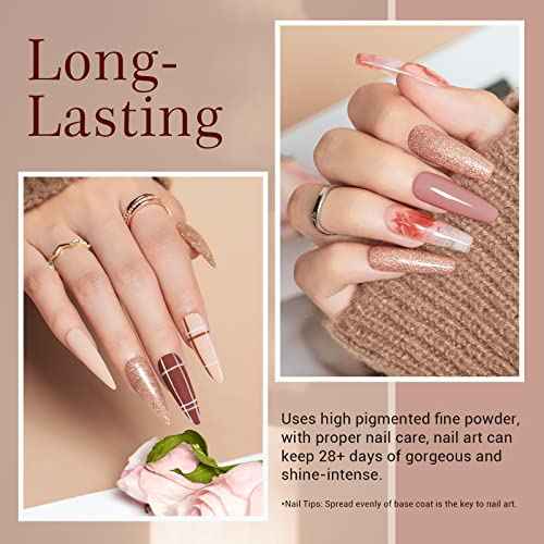 AZUREBEAUTY Dip Powder Nail Kit Starter, Fall 4 Colors Skin Nude Brown Glitter, Acrylic Dipping Powder Liquid Set with Base/Top Coat Activator for Daily French Nail Art Manicure DIY Gift 12 Pcs