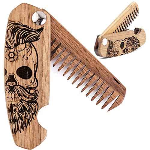 Enjoy The Wood Beard Comb for Men, Folding Pocket Beard Accessories for Men, Engraved Walnut Wooden Comb for Moustache, Beard & Hair For Him (Half Skull)