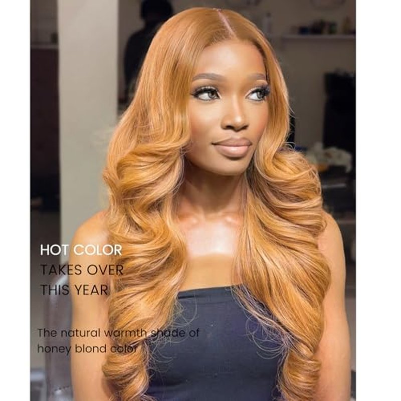 ALHER Color #27 Honey Blonde Long Deep Part 2x6 Lace Closure 16 Inch, Warm Brown Golden Blonde 2x6 Kim K HD Lace Closure Middle Part Pre Plucked With Baby Hair, 12A 100% Virgin Remy Human Hair Closure