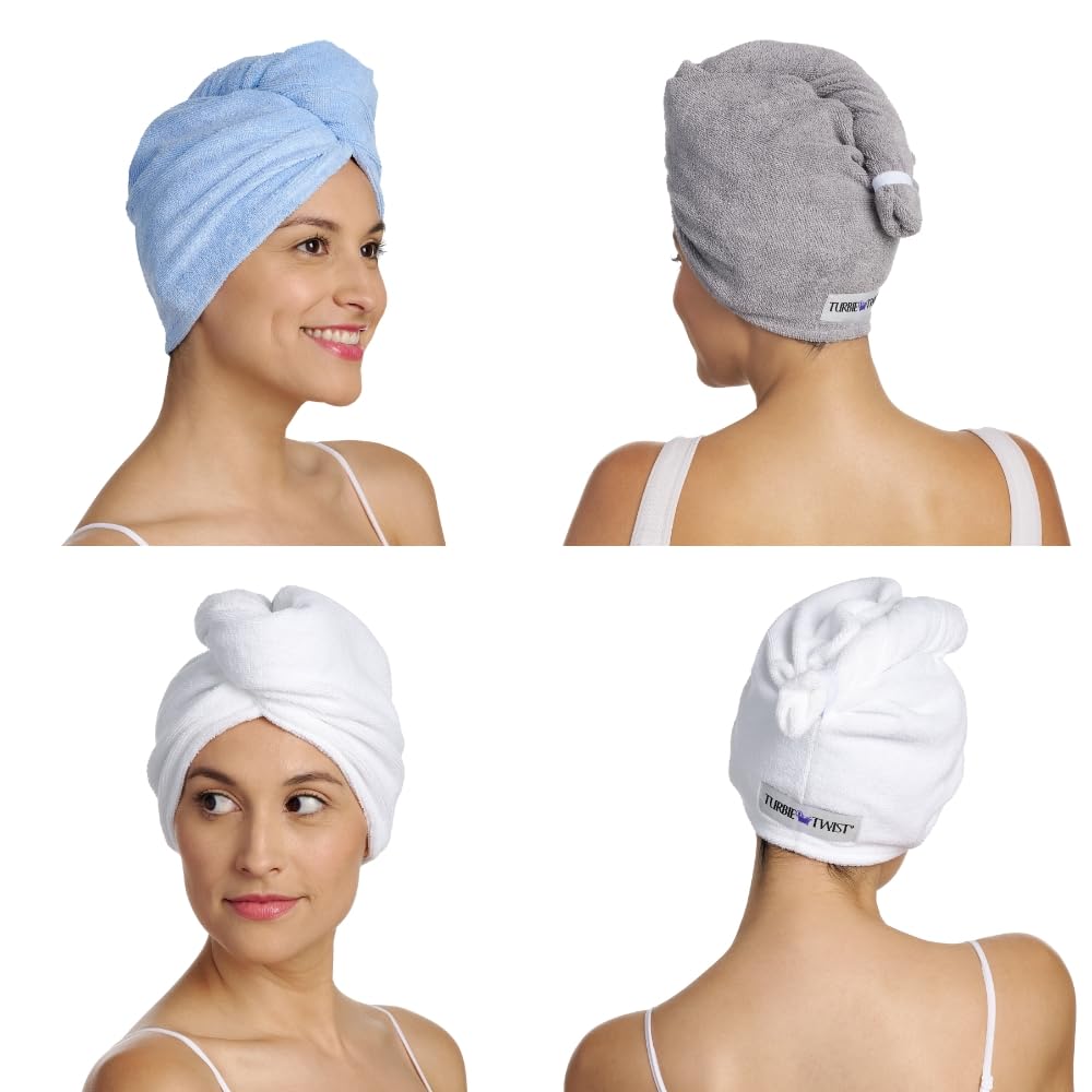 Turbie Twist 4-Pack Microfiber Hair Towel for Beauty, Travel, Gifting - Wrap Turban for Straight, Wavy & Curly Hair - Premium Personal Care (Grey, Blue, White, White)