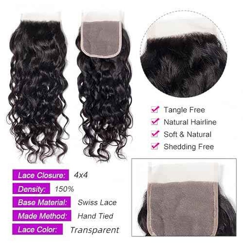 Brazilian Water Wave Bundles With Lace Closure - Wet and Wavy Human Hair 5 Bundles (50g/bundle) With 4x4 Free Part Closure - Deep Curly (8/8/8/8/8+8" Closure)