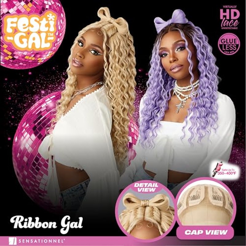 Sensationnel Shearmuse Festigal Lacewig - Ribbon Gal Glueless Laceparting Hand Tied Ready to Wear Synthetic Prestyled Units (BEIGEBLONDE)