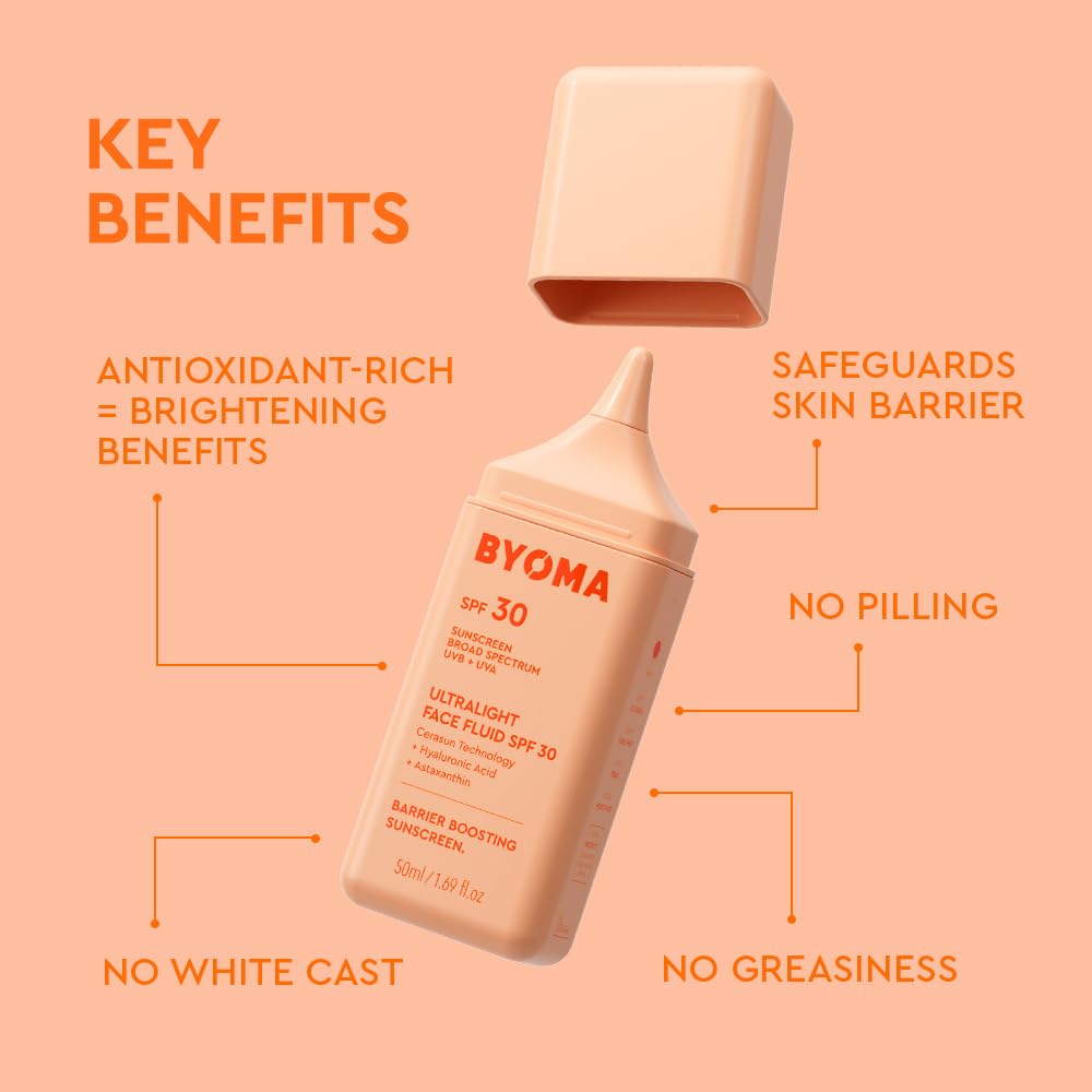 BYOMA SPF 30 Face Fluid - Ultra-Lightweight Facial Sunscreen for All Skin Tones - Luminous Glow, No White Cast - SPF Moisturizer Strengthens Skin Barrier - 1.69 fl.oz