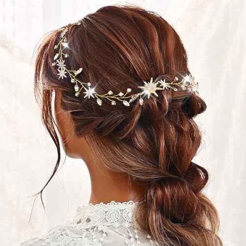 Unicra Star Rhinestone Bride Wedding Vine Gold Bridal Hair Piece Crystal Hair Accessory for Women and Girls (21 Inches) (Gold)