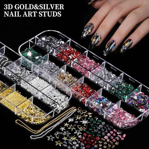 FANDAMEI Nail Charms, Nail Rhinestones Kit with 8 Boxes of Nail Gems, 3D Charms for Nails, Colorful Clear Flatback Rhinestones, Multi Shape Pearls Jewels Crystals for Craft