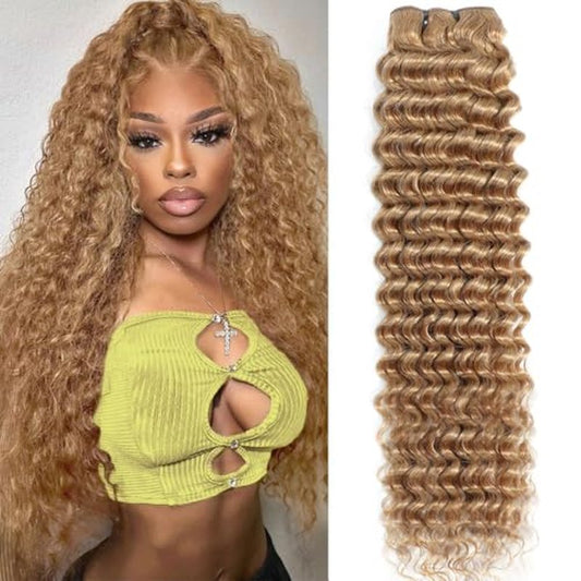 Honey Blonde Deep Wave Human Hair Bundles For Women 12A 27# Color Human Hair Bundles Wet and Wavy 24 Inch Blonde Deep Curly Hair One Bundle