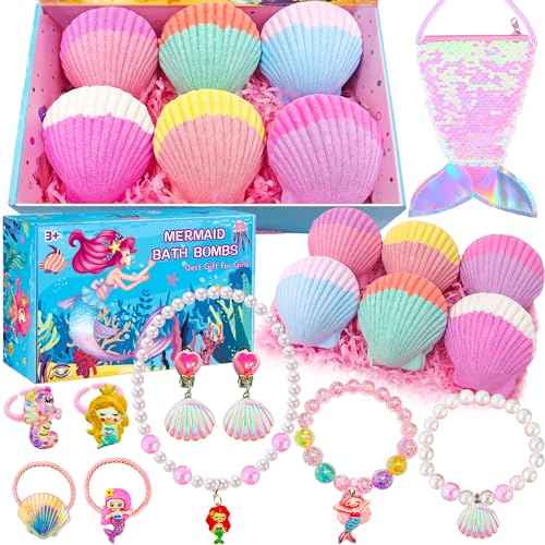 Mermaid Bath Bombs for Girls Kids with Surprise Inside 6+10 PCS Mermaid Gifts for Girls Toys 4 5 6 7 8 Year Old Birthday Easter Basket Sutffer Princess Jewelry Natural Organic Bubble Bath Bomb Set