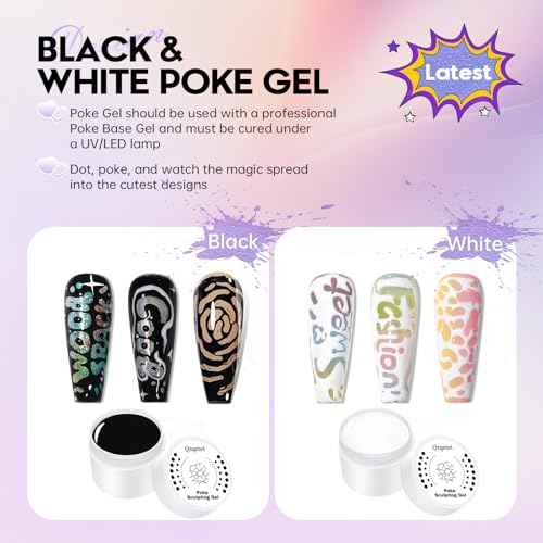 Poke Gel Nail Polish Set with Professional Base Coat- Nail Art Painting Gel for Flowers, Letters & Wave Designs-Lace Drawing Gel with Wooden Nail Stick and Buffer