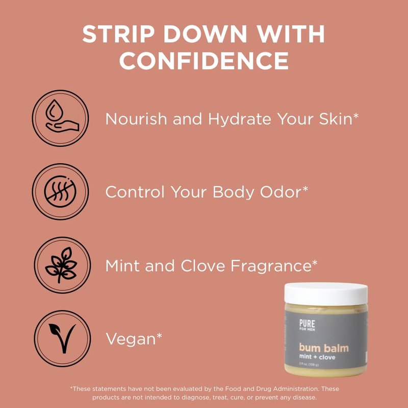 Pure for Men Bum Balm | Raw Lotion for Men | All Purpose Skin Hydration and Deodorizing Balm | Raw Shea Butter, Mint and Clove | 3.9 oz.
