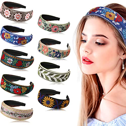 Geosar 9 Pack Boho Embroidery Headband for Women Bohemia Floral Handmade Wide Headbands Vintage Ethnic Style Hair Bands Turban for Girls Hair Accessories, 9 Styles