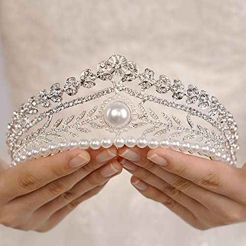 JWICOS Tiaras and Crowns for Women Pearl Wedding Tiara for Bride Baroque Queen Crown Rhinestone Hair Accessories for Birthday Pageant Prom