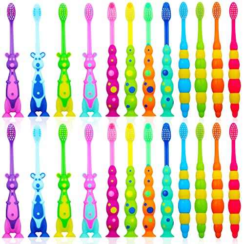 Toddler Toothbrush Pack - 24 Pieces, Soft Bristle Animal Toothbrushes with Covers, Suction Cup, Sensitive Teeth