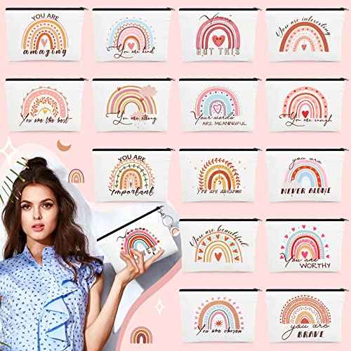 Pinkunn Christmas Rainbow Canvas Cosmetic Bag Bulk with Inspirational Quote Keychains Set 16 Pcs Cosmetic Bags 16 Pcs Keychains You are Amazing Beautiful Kind Travel Pouch Zipper