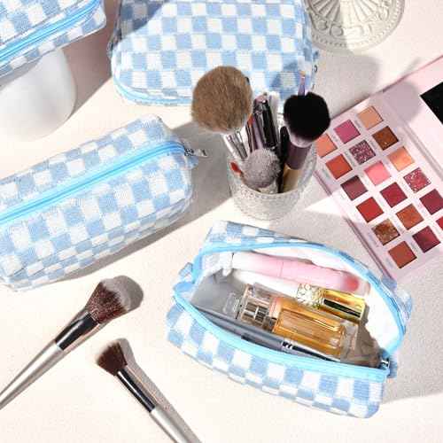 SOIDRAM Checkered Makeup Bag Preppy Cosmetic Bag Bulk Blue Makeup Pouch Personalize Travel Toiletry Bag Organizer Cute DIY Makeup Brushes Storage Bag for Women