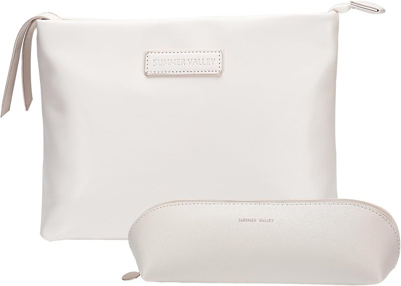 Makeup Bag Organizer - Waterproof PU Leather Cosmetic Bag | Large Travel Clutch Purse (Cream)