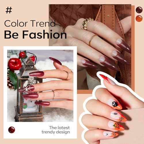 modelones Gel Nail Polish Set, 6 Colors 2025 Fall Winter Thanksgiving Maple Burnt Orange Brown Maroon Burgundy Red Glitter Gel Polish Cherry Mocha Turkey Pumpkin Color Changing Nail Polish LED Gift