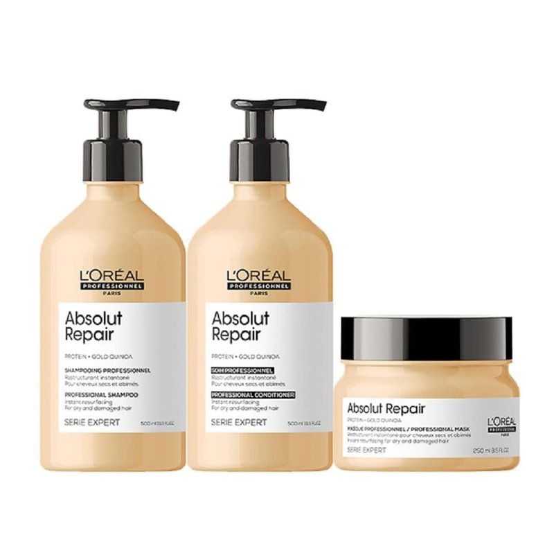 L'Oréal Professionnel Absolut Repair Hair Care Set - Protein Treatment for Dry, Damaged Hair | Shampoo, Conditioner & Mask
