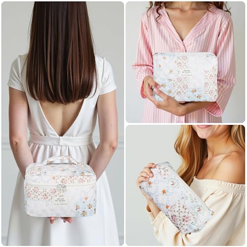 Quilted Makeup Bag Set - 3 PCS Cute Floral Cotton Makeup Bag, Large Coquette Aesthetic Make up Cosmetic Bag, Flower Travel Toiletry Organizer Bags for Women Girls