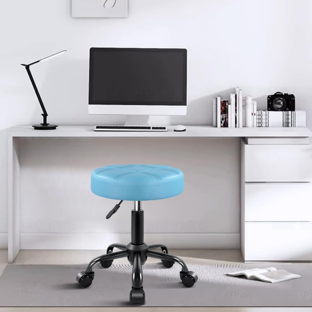 Height Adjustable Rolling Stool Chair - PU Leather, Sky Blue | Perfect for Salon & Spa