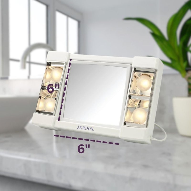 JERDON Two-Sided Makeup Mirror with Lights - 3X Magnification & Glare-Free Lighting | White Base, Model J1010