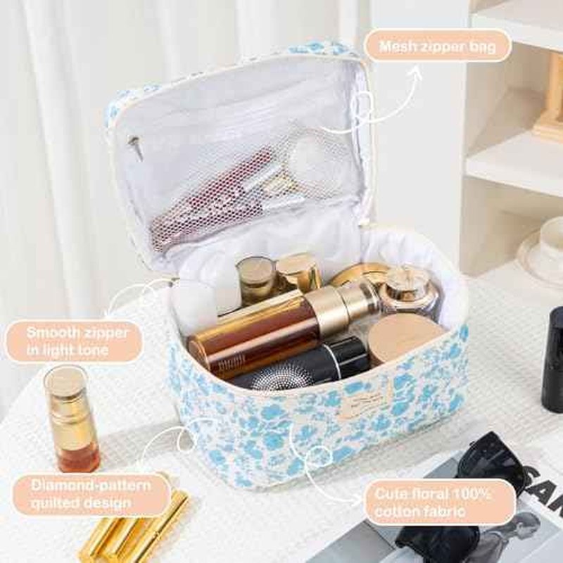 Makeup Bag for Women 3PCS Quilted Cotton Make Up Bag Travel Cosmetic Bag Large Makeup Bag Set Cute Bag Organizer Floral Toiletry Pouch for Purse, Azure Blue