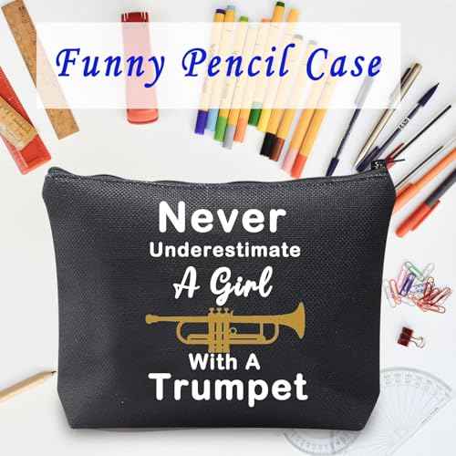 LELVO Funny Trumpet Gift Never Underestimate A Girl With A Trumpet Makeup Bags Trumpet Lovers Zipper Pouch (Girl With A Trumpet+black)