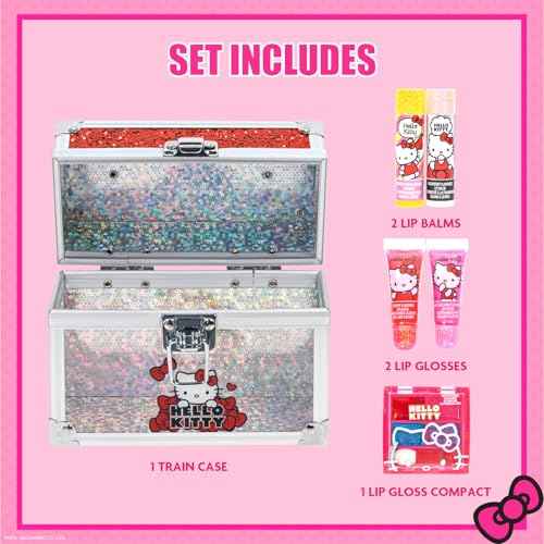 Hello Kitty Beauty Mini Train Case Set Includes Lip Gloss Tube, Lip Balm, Lip Gloss Compact for Girls,for Parties, Sleepovers, Ages 3+ by Townley Girl