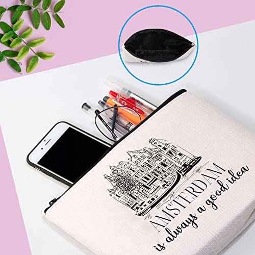 Amsterdam Holiday Vacation Trip Surprise Gift Netherlands Holland Dutch Souvenir Gift Travel Makeup Zipper Pouch Gift for Amsterdam lover (Good Idea Amsterdam Bag)