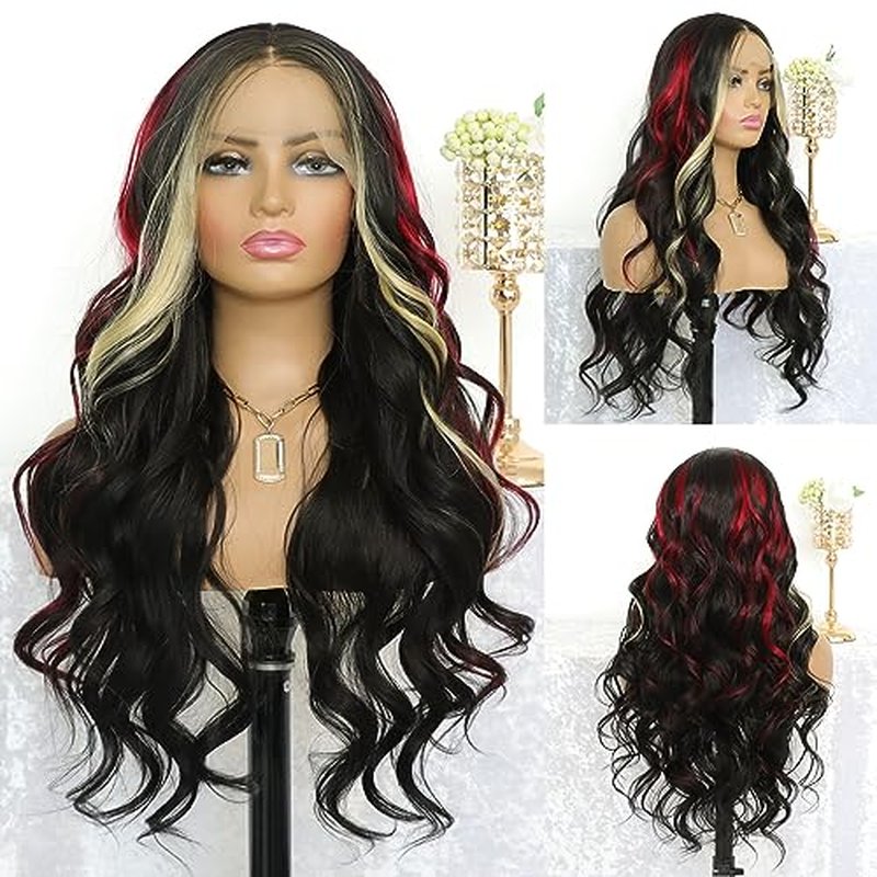 Highlight Red Skunk Stripe Blonde Synthetic Lace Front Wig Glueless Long Wavy Colored Mixed Red Black 13x4 Lace Front Wigs for Women Pre Plucked with Baby Hair 24 Inches 150 Density
