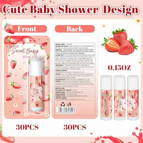 30 Pack Christmas Sweet Strawberry Baby Shower Games Prizes Party Gifts Bulk Lip Balms Favors for Winners Adults Guests Gender Reveal Favors Decorations Baby Shower Souvenirs Stocking Stuffers
