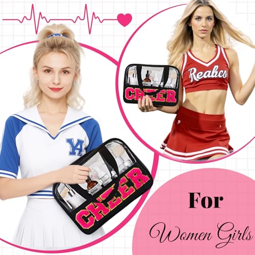 Chenille Pink Letter Cheer Bag Cheerleader Gifts for Team Women Girls Cheer Stuff Accessories Makeup Bag with Handle and Zipper, Cheer Gifts