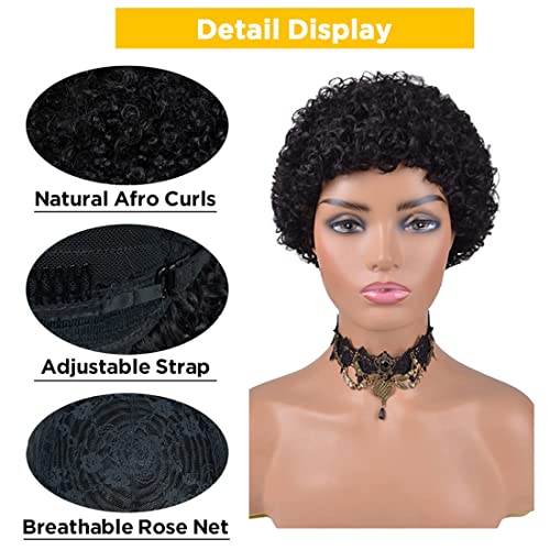 Star Flower Short Curly Wigs Human Hair Afro Kinky Curly Wig Pixie Cut Wig Human Hair 150% Density None Lace Front Black Wigs