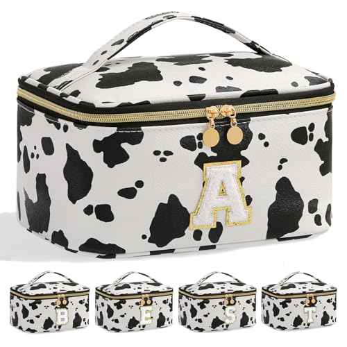 Personalized Monogram Makeup Bag with Dividers - Cow Print Travel Toiletry Organizer for Women | Waterproof Cosmetic Pouch with Brush Holder & Handle (9.8x6.7x5.1in)