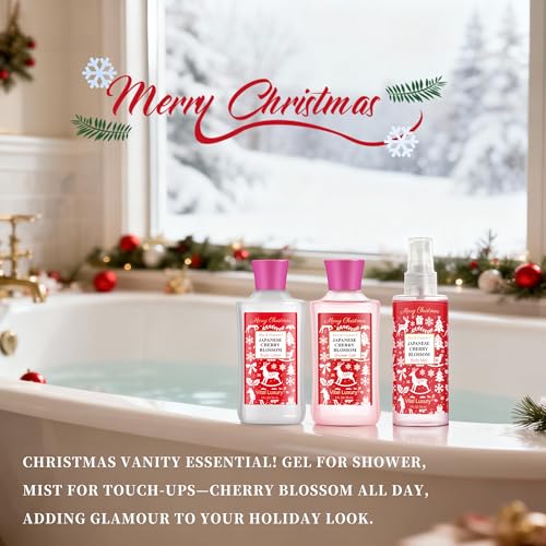 Christmas Bath and Body Gift Set - Luxurious Japanese Cherry Blossom Spa Kit with Gel, Lotion, Mist, a Warm Christmas Gift for Mom, Aunt, Girlfriend & Friends Who Loves Self-Care
