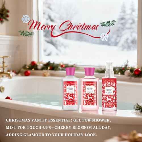 Christmas Bath and Body Gift Set - Festive Japanese Cherry Blossom Spa Kit with Gel, Lotion, Mist, a Must-Have Holiday Gift for Mom, Wife, Sister & Friends to Celebrate Christmas