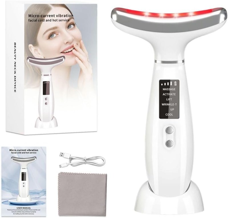Red Light Therapy Device for Face & Neck - 4 Color LED Skin Care Tool | Micro-Current Vibration, Hot & Cold Functions