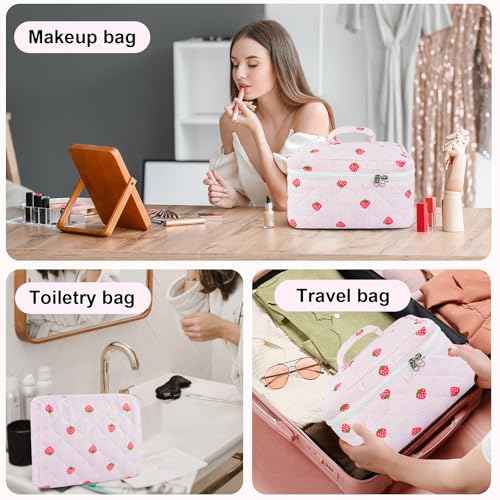3PCS Makeup Bag Set, Quilted Cosmetic Bag, Large Travel Aesthetic Make up Bag, Cute Coquette Toiletry Bag for Women Girls