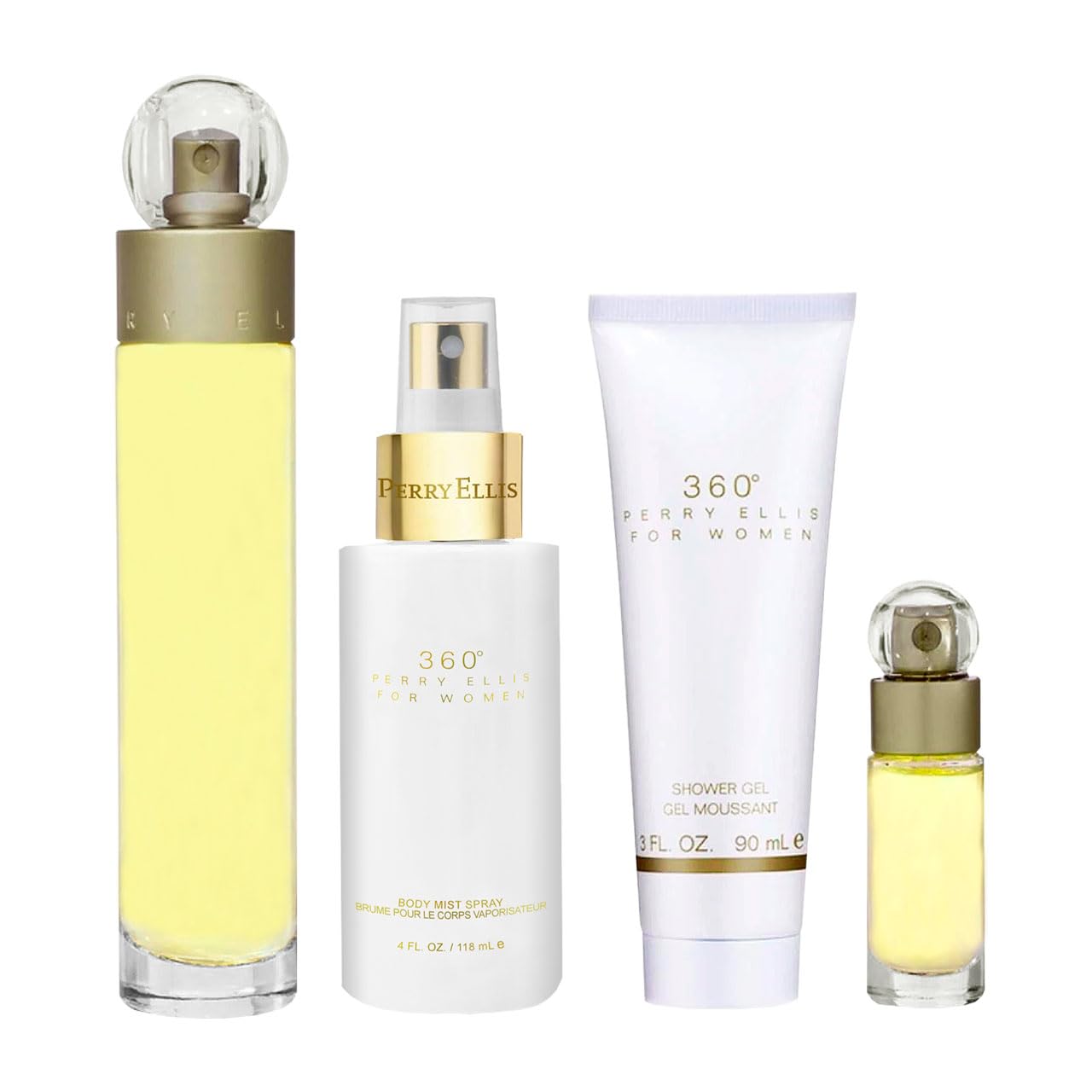 Perry Ellis 360 Women 3.4oz EDT Spray, 4oz Body Mist Spray, 3oz Shower Gel, 0.25oz EDT Spray 4 Pc Gift Set