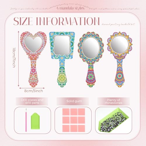 4 Pcs Diamond Painting Mirror Handheld Kits Valentine Christmas Art Gifts Compact Decorate Your Own Mirror for Hand DIY Crafts