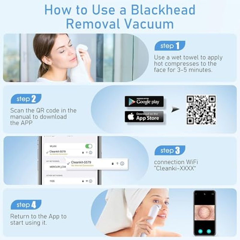 Facial Pore Blackhead Remover Vacuum, 1080P Camera Blackhead Remover, 20x Zoom, 8 LEDs £¦ 3 Suction Modes, 800mAh Battery & USB - 6 Heads Pore Cleaner Kit for Women&Men(White)